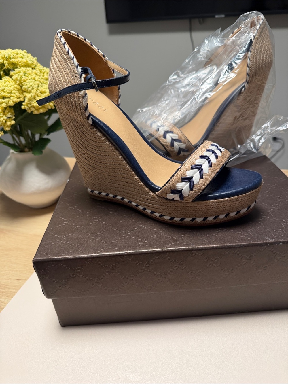 Woven Espadrille Wedge Sandals - Navy & Tan